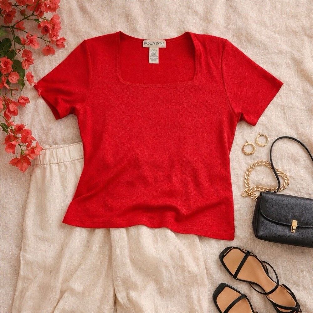 Pour Soie 100% Silk Knit Top Red Short Sleeve Sweater Lightweight Classic M - Picture 2 of 6